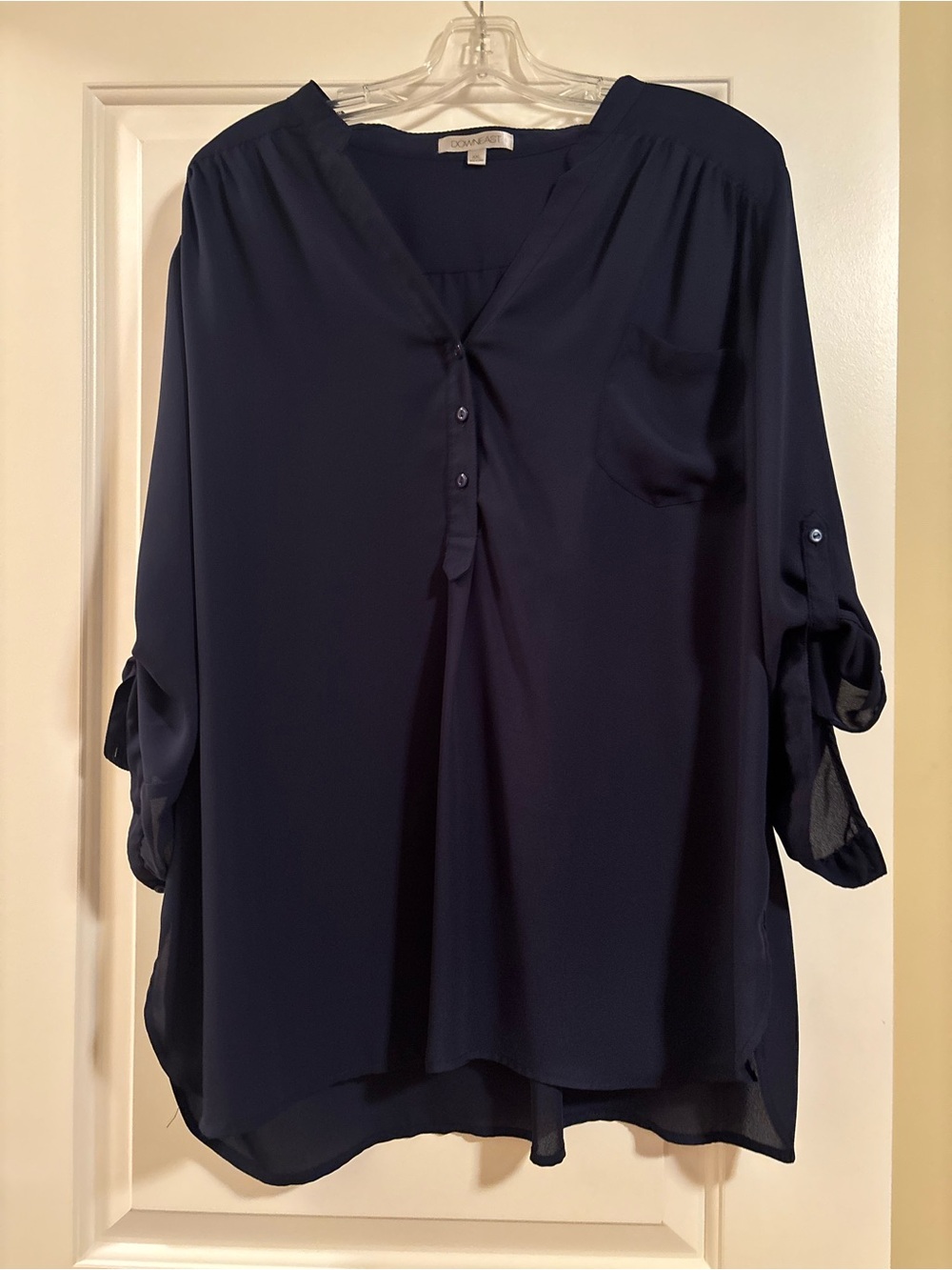 DownEast Women's Navy Button-Front Roll-Sleeve Blouse